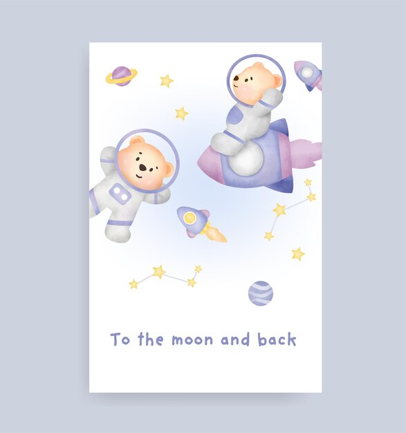 Baby shower card with cute teddy bear on the moon