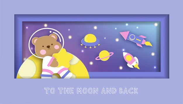 Baby shower card with cute teddy bear standing on the moon for birthday card.