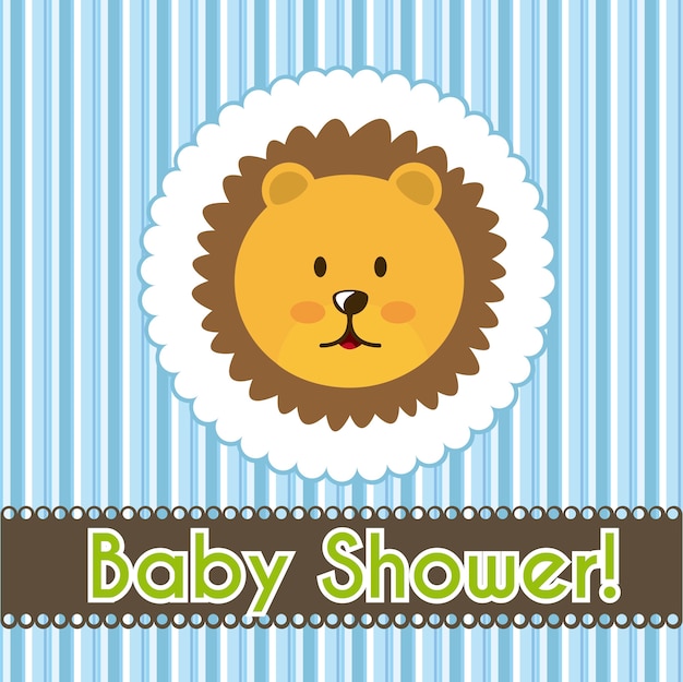 baby shower card with lion face over blue stripes vector illustration