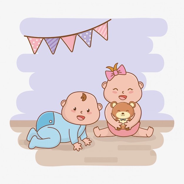 Vector baby shower card with little babies