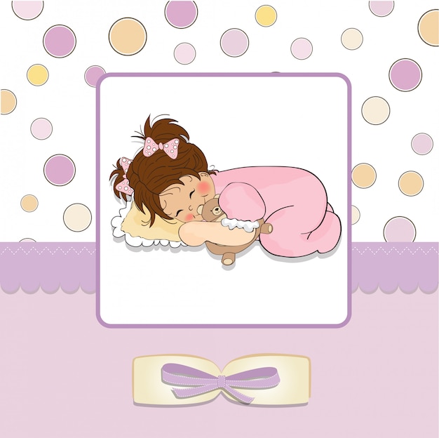 Vector baby shower card with little baby girl play with her teddy bear toy