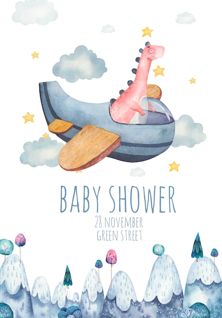 Baby shower card with red dinosaur on plane flying over the mountains