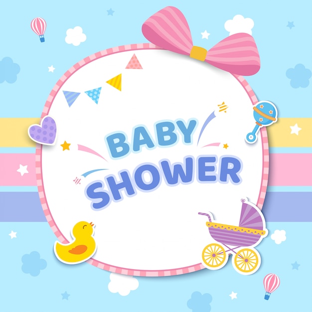 Baby Shower карты с коляской и игрушками на милые пастельные цвета.