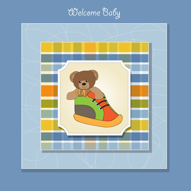 Vector baby shower card with teddy bear hidden in a shoe