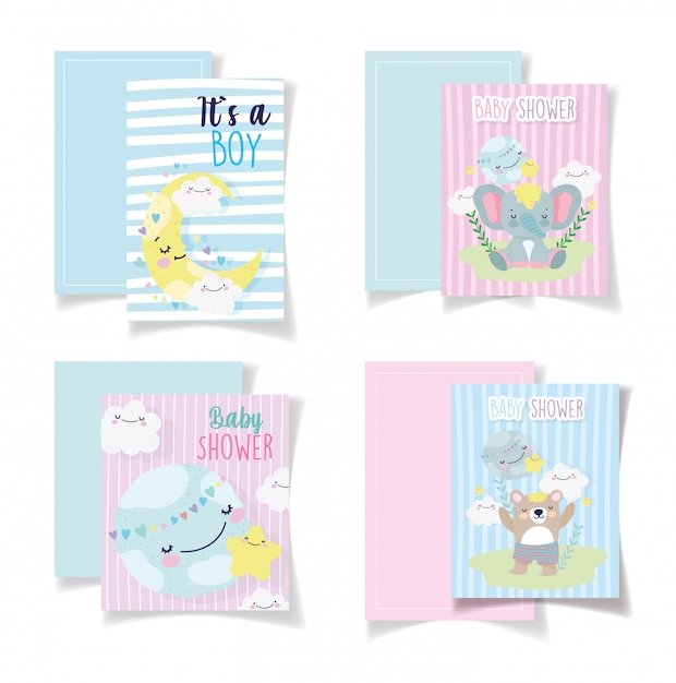 Baby shower cards cute bear elephant moon clouds