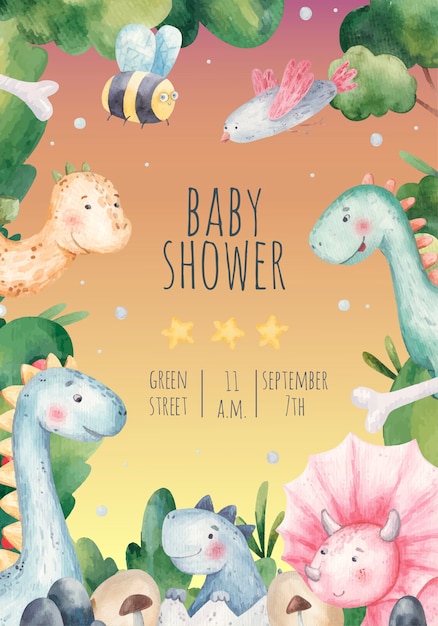 Baby shower, carta di invito vacanza per bambini con simpatici dinosauri, natura, illustrazione dell'acquerello