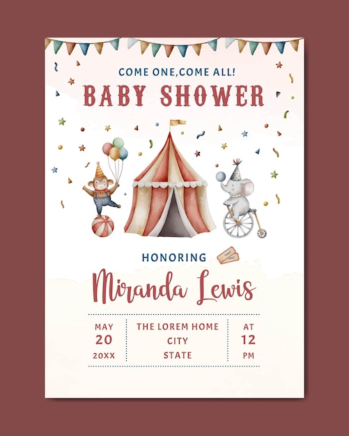 ベビー シャワーのサーカスのテーマの水彩画の招待状