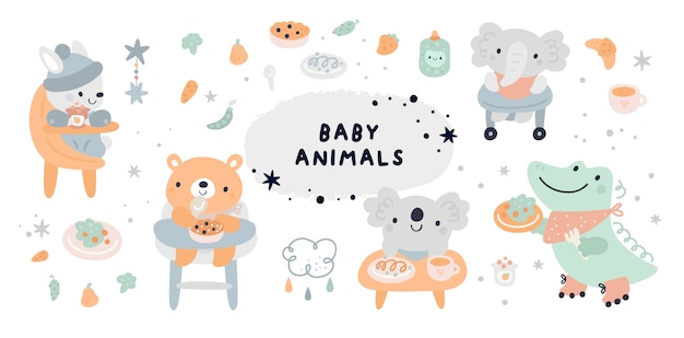 Vettore collezione baby shower con simpatici animaletti