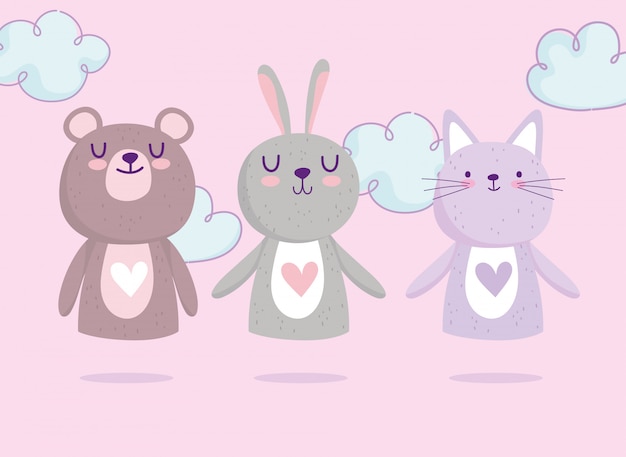 Baby shower, cute bear rabbit and cat hearts love adorable cartoon