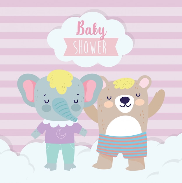 Baby shower cute elephant and bear with clothes cartoon