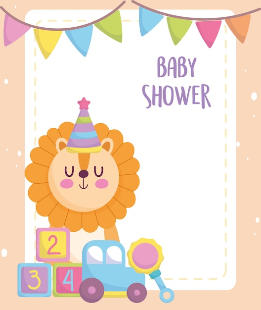 Baby shower, cute lion with car cubes and rattle toys, announce newborn welcome card