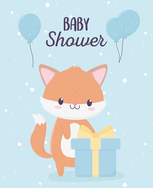 baby shower cute little fox with gift box and balloons card 