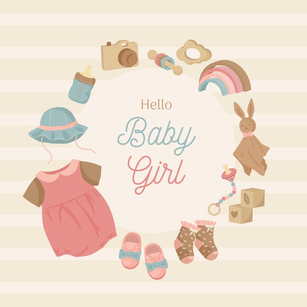벡터 소녀를 위한 지구 톤 색상의 아기 물건이 있는 베이비 샤워 프레임 화환 템플릿 디자인