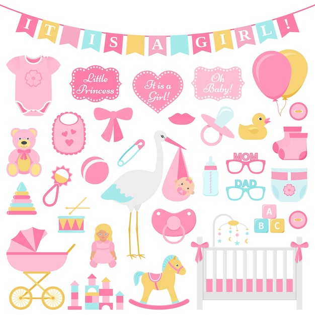 Baby doccia insieme della ragazza. illustrazione vettoriale. elementi rosa per la festa.