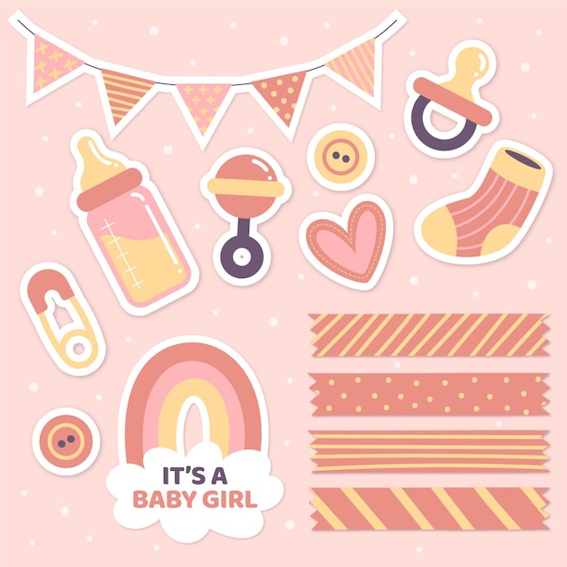 Vector baby shower girly scrapbook set