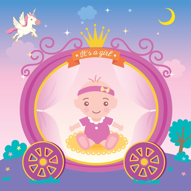 Vector baby shower greeting card for new born girls with princess cart and crown on night backgro