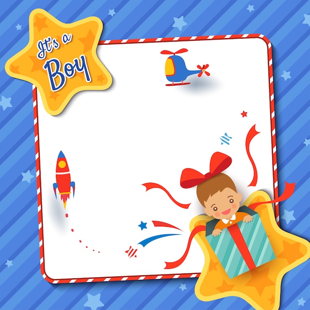 Вектор Поздравительная открытка детского душа с мальчиком в присутствующей коробке на предпосылке сини рамки звезды.