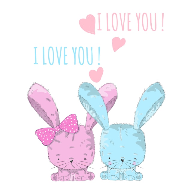 Vector baby shower greeting card with bunnies boy and girl