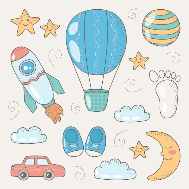 Baby shower icons set for boy. Flat style. Simple colorful design