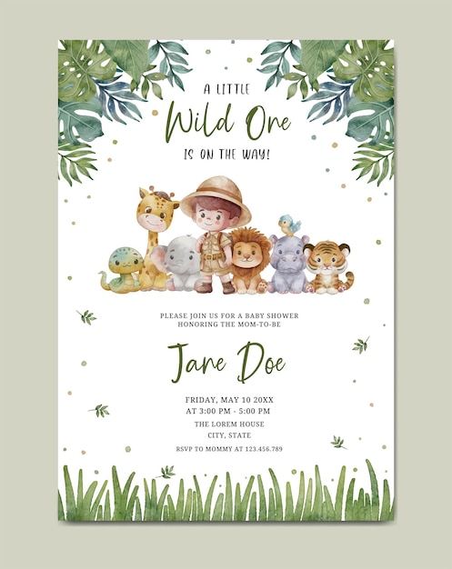 Vector baby shower invitation card watercolor safari theme