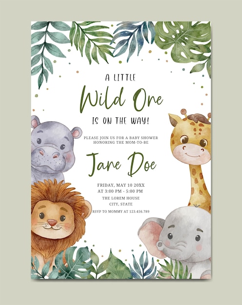 Vector baby shower invitation card watercolor safari theme