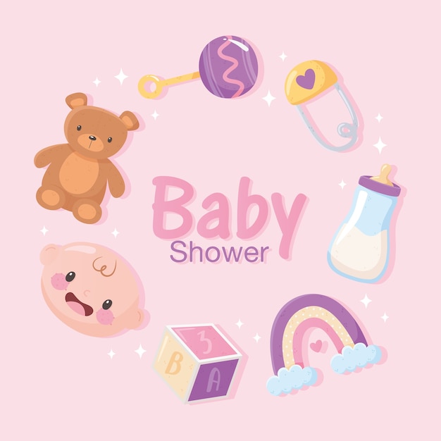 Baby shower, carta di invito con arcobaleno sonaglio ragazzo faccia orso e blocco