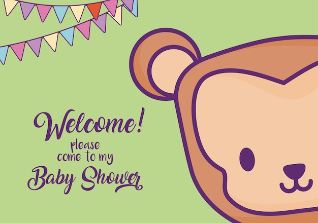 Baby shower invitation card with cute monkey icon and decorative pennants