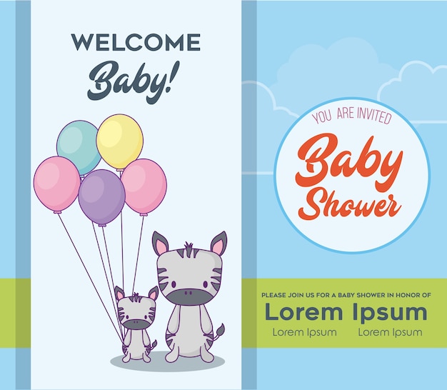 Baby shower  Invitation card with cute zebras 