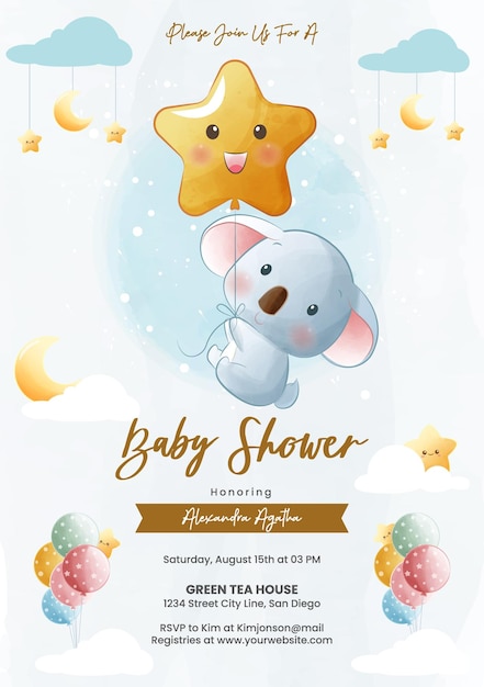 Vettore invito baby shower simpatico koala che vola verso le nuvole con palloncini a stella in stile acquerello