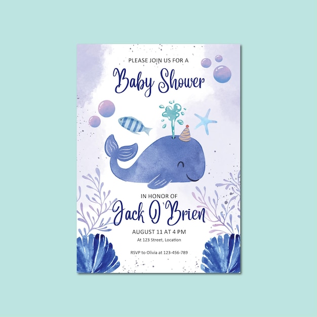 Vector baby shower invitation design for baby boy aquatic theme with blue whale