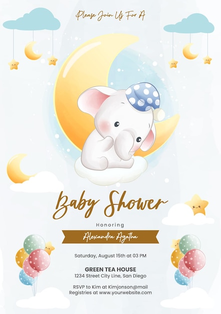 Baby shower invitation template Cute elephant with a hat sleeping on a cloud