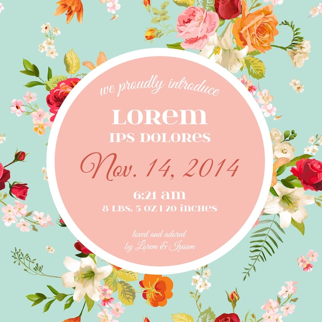 Baby Shower Invitation Template. Floral Greeting Card with Lily and Orchid Flowers. Decoration for Childbirth Party Celebration