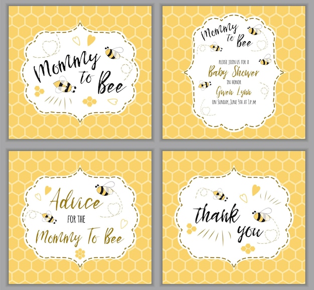 Vector baby shower invitation template mommy to bee honey mothers day cards set yellow oneycomb background