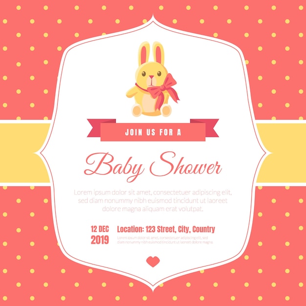 Baby Shower Invitation Template on Red Polka Dot Background Card with Cute Toy Bunny and Place For Your Text Vector Illustration Cartoon Style