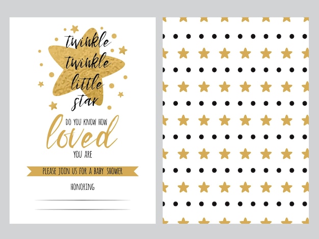 Vector baby shower invitation template twinkle little star with sparkle gold star shape background gentle banner for children birthday party congratulation invitation vector illustration logo label set
