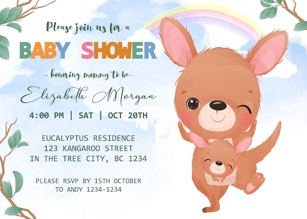 Vector baby shower invitation template with kangaroo