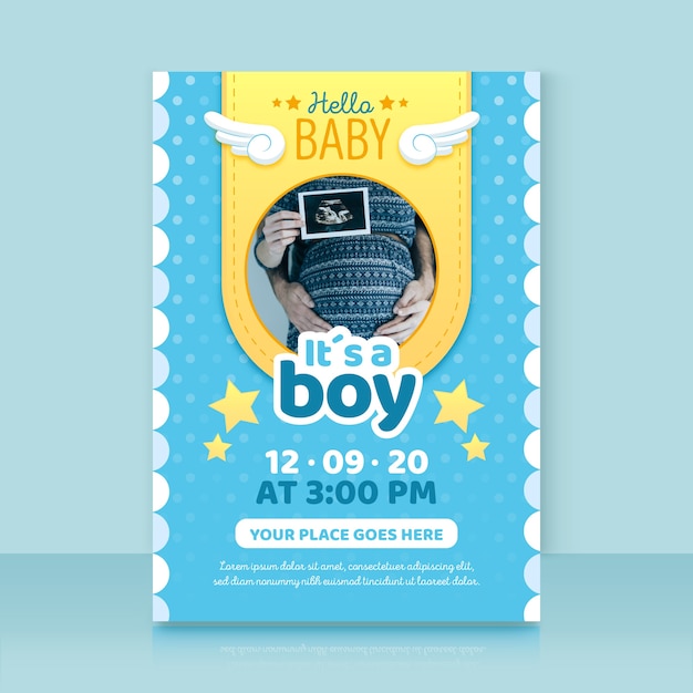 Vector baby shower invitation template with photo