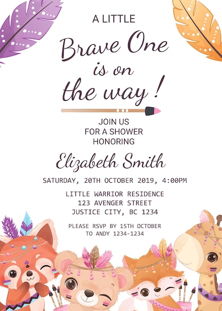 Vector baby shower invitation template with tribal animals