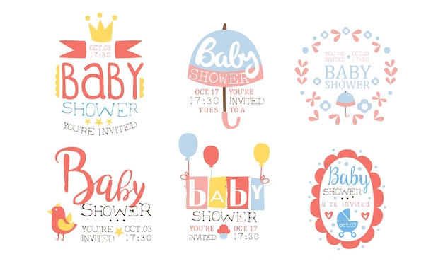 Vector baby shower invitation templates set cute design elements for newborn celebration party vector illustration