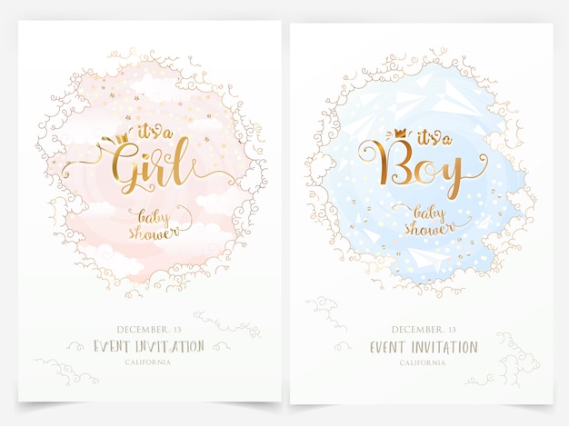 Baby shower invitation templates with clouds and it's a girl, boy lettering