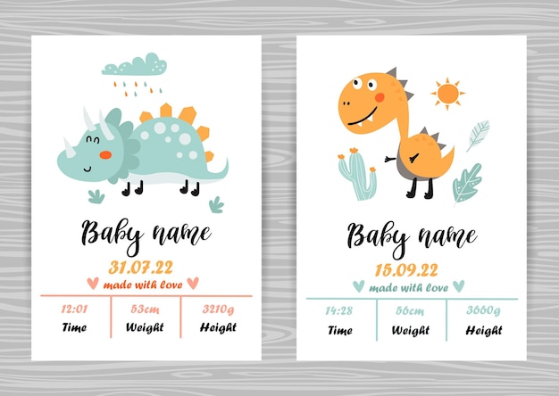 Baby shower invitation templates with cute dinosaurs Date of birth height weight Perfect for kids bedroom nursery decoration posters and wall decorations