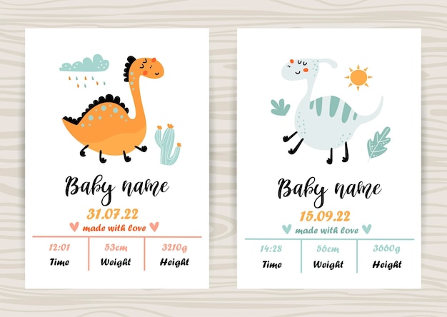 Baby shower invitation templates with cute dinosaurs Date of birth height weight