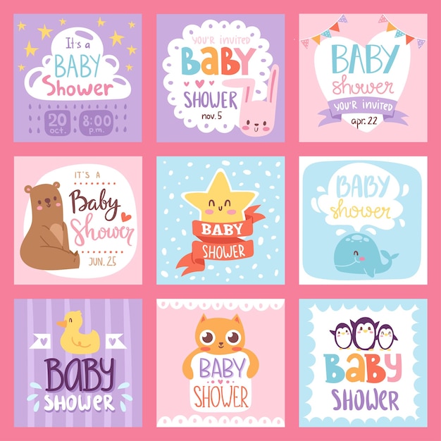 Baby shower invitation vector set card print design layout illustration