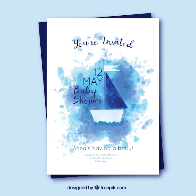 Vector baby shower invitation with boat in watercolor style