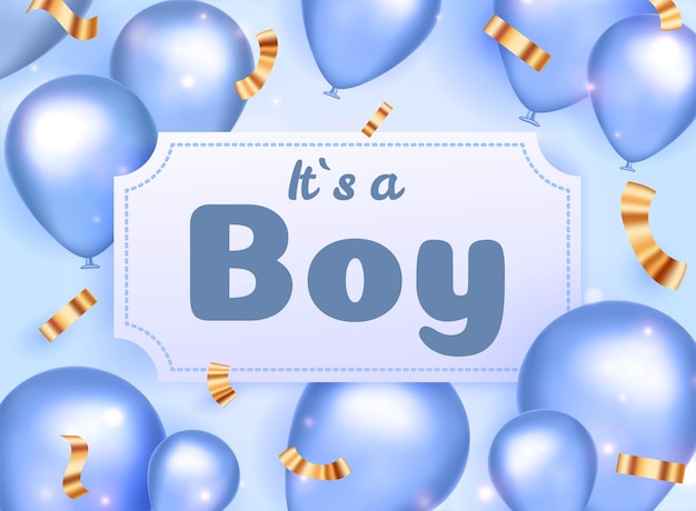 Baby shower invitation with cartoon balloon. It's a boy. Vector illustration.