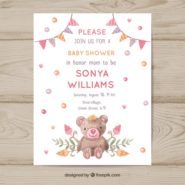 Vector baby shower invitation with flowers in watercolor style