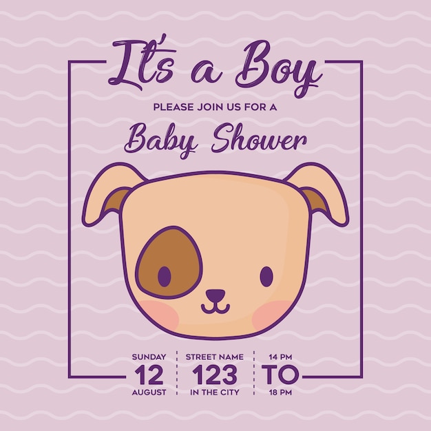 Baby shower invitation with its a boy concept with cute dog icon over purple background, colorful de