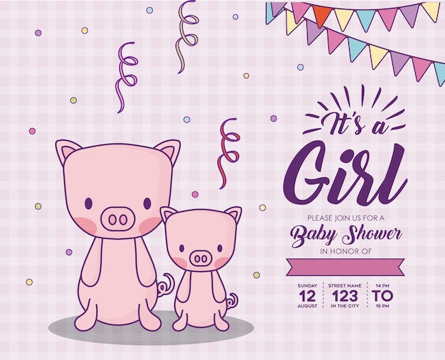 Baby shower invitation with its a girl concept with cute pigs over pink background, colorful design.