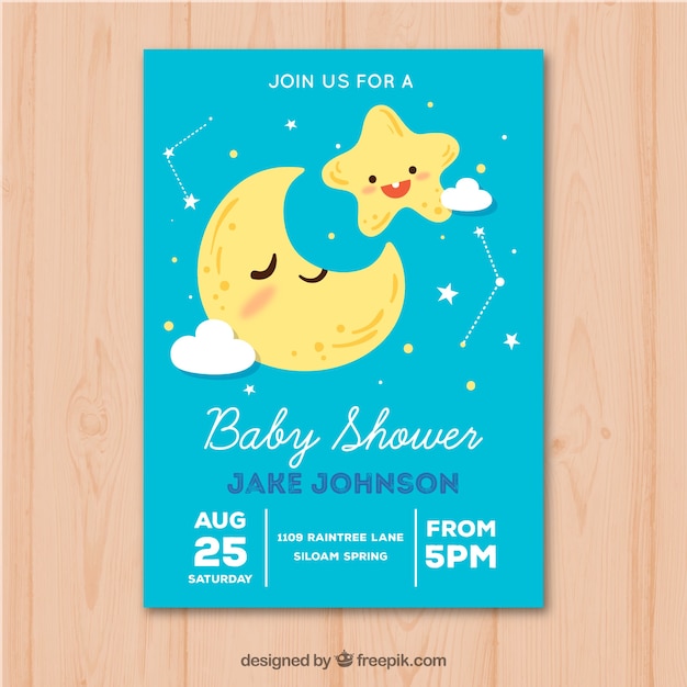 Baby shower invitation with moon and stars in hand drawn style