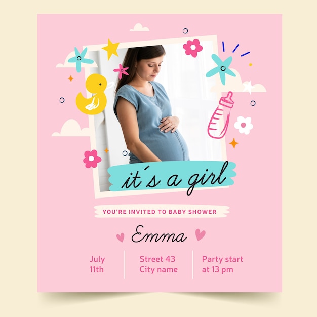 Vector baby shower invitation with photo (girl)